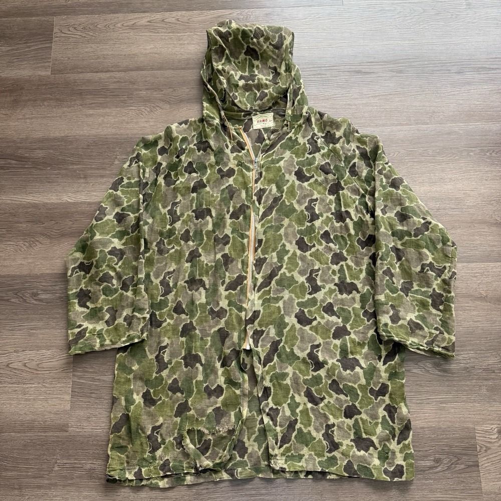 VTG 60s 70s Kamo Vietnam Military Mosquito Net Jacket Large Frog Camo Sheer Mesh